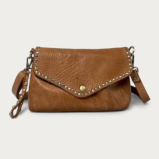 Cognac Italian leather pochette — Solstice style — front view — Made in Tuscany