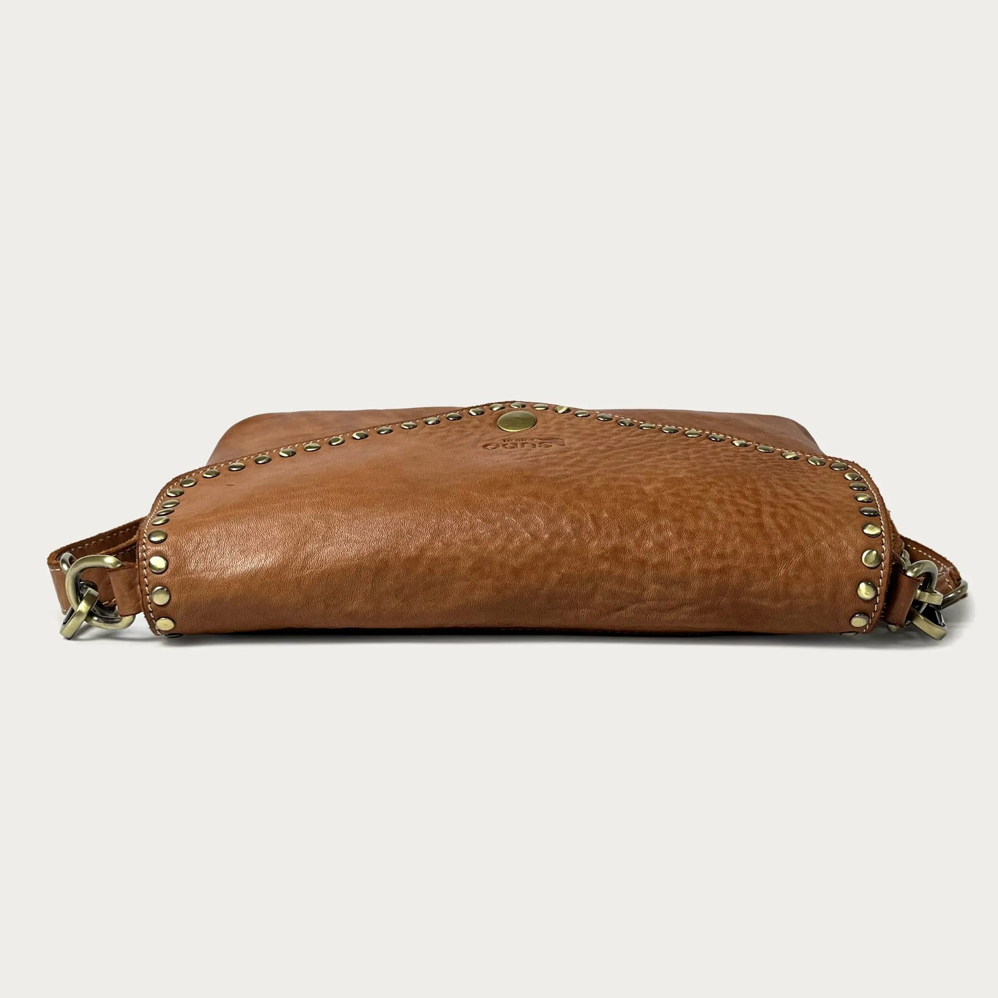 Cognac Italian leather pochette — Solstice style — top view — Made in Tuscany
