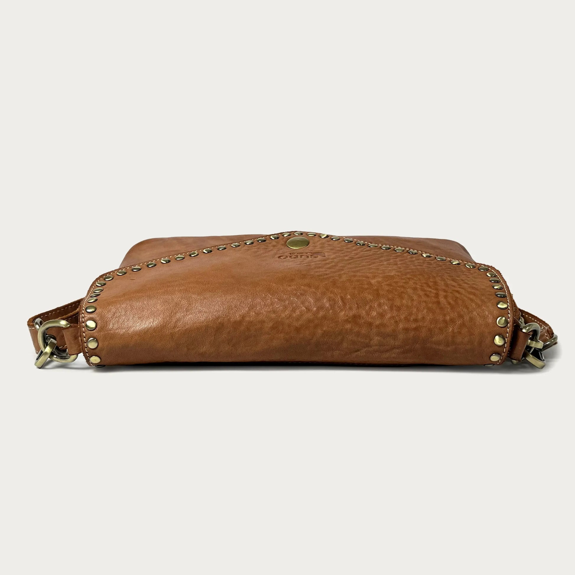Cognac Italian leather pochette — Solstice style — top view — Made in Tuscany