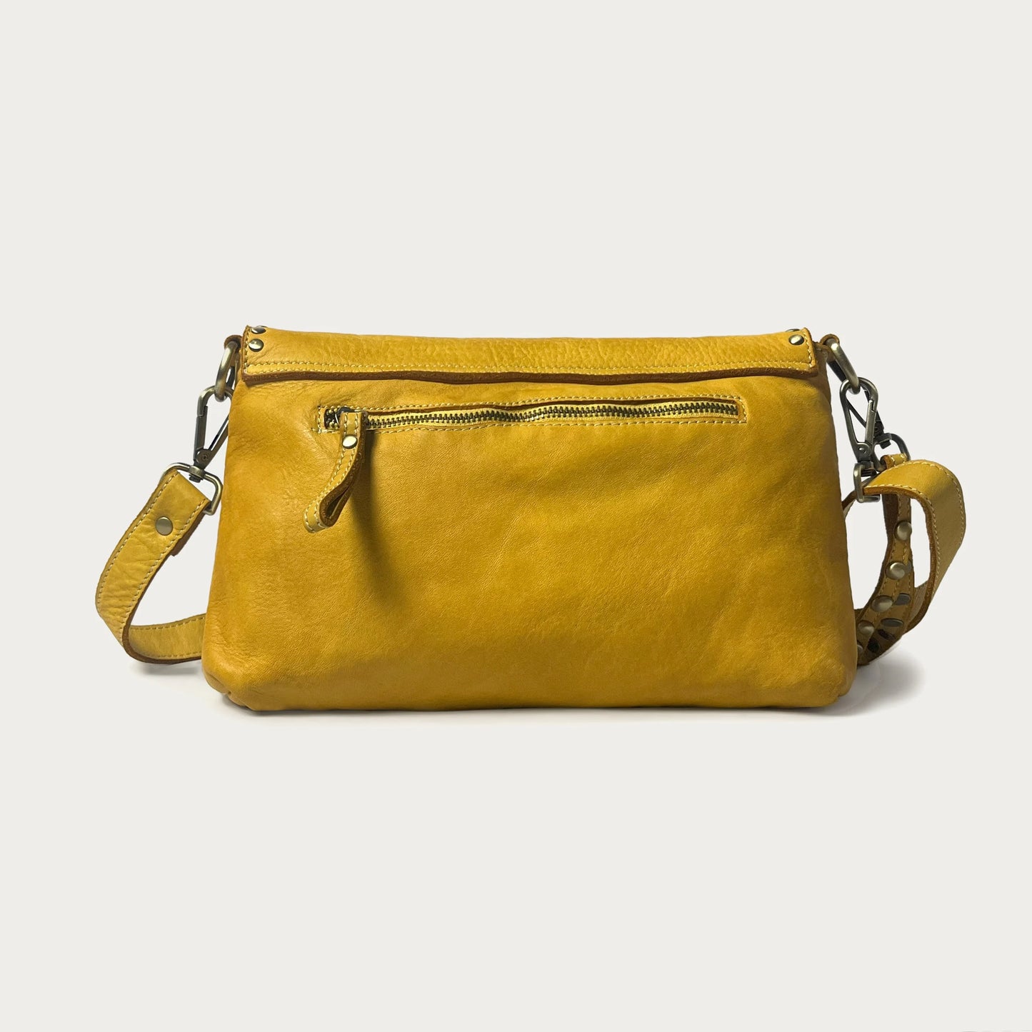 Mustard Italian leather pochette — Solstice style — back view — Made in Tuscany