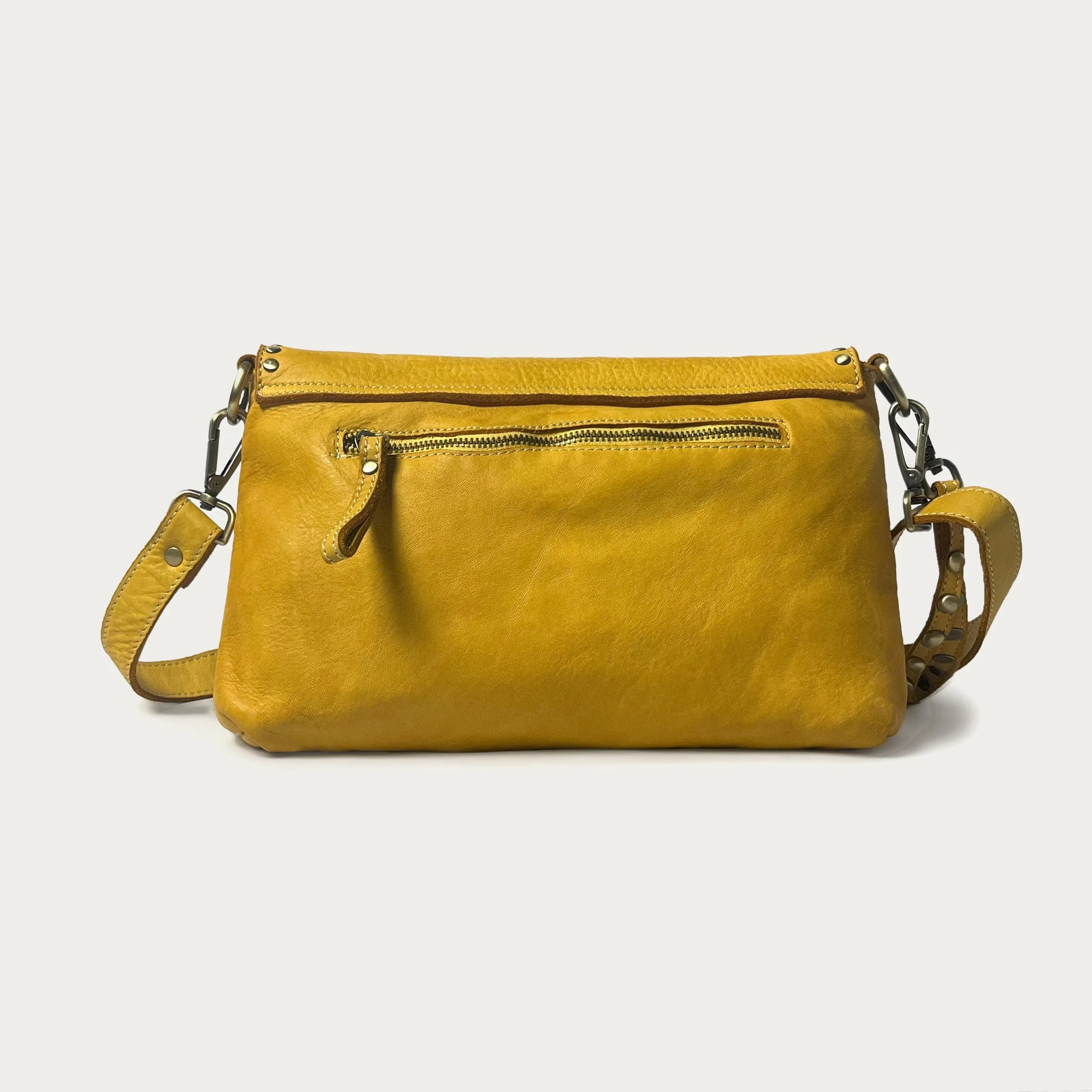 Mustard Italian leather pochette — Solstice style — back view — Made in Tuscany