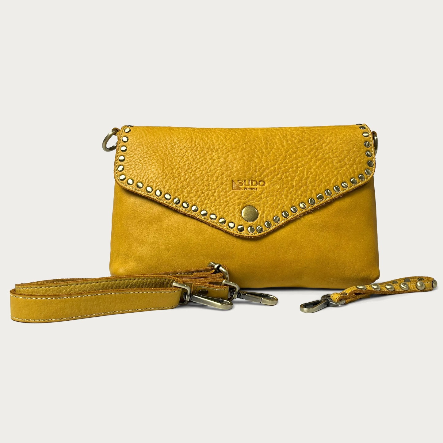 Mustard Italian leather pochette — Solstice style — detachable strap detail — Made in Tuscany
