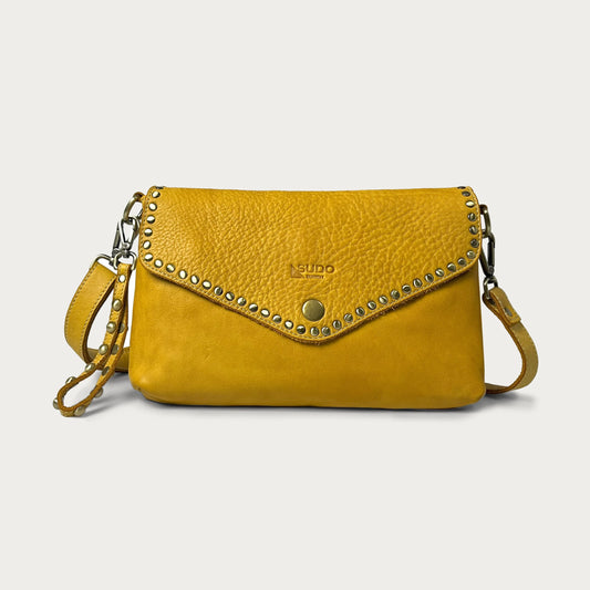 Mustard Italian leather pochette — Solstice style — front view — Made in Tuscany