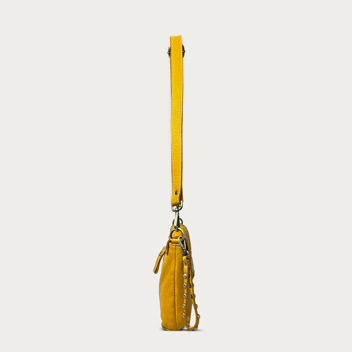 Mustard Italian leather pochette — Solstice style — side view — Made in Tuscany