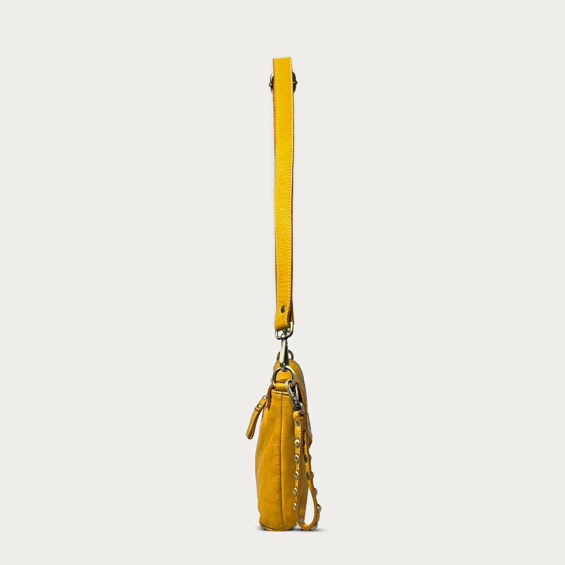 Mustard Italian leather pochette — Solstice style — side view — Made in Tuscany