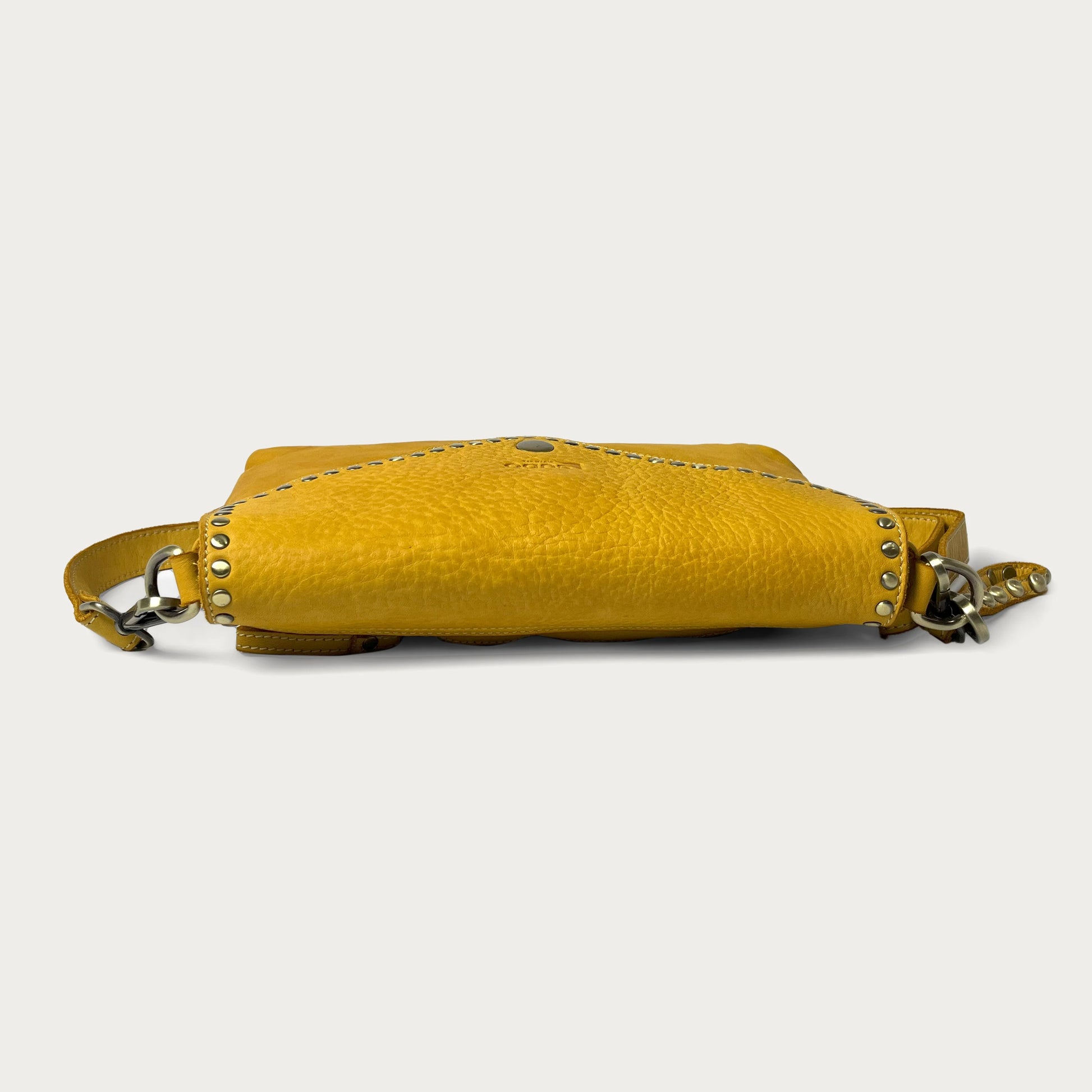 Mustard Italian leather pochette — Solstice style — top view — Made in Tuscany