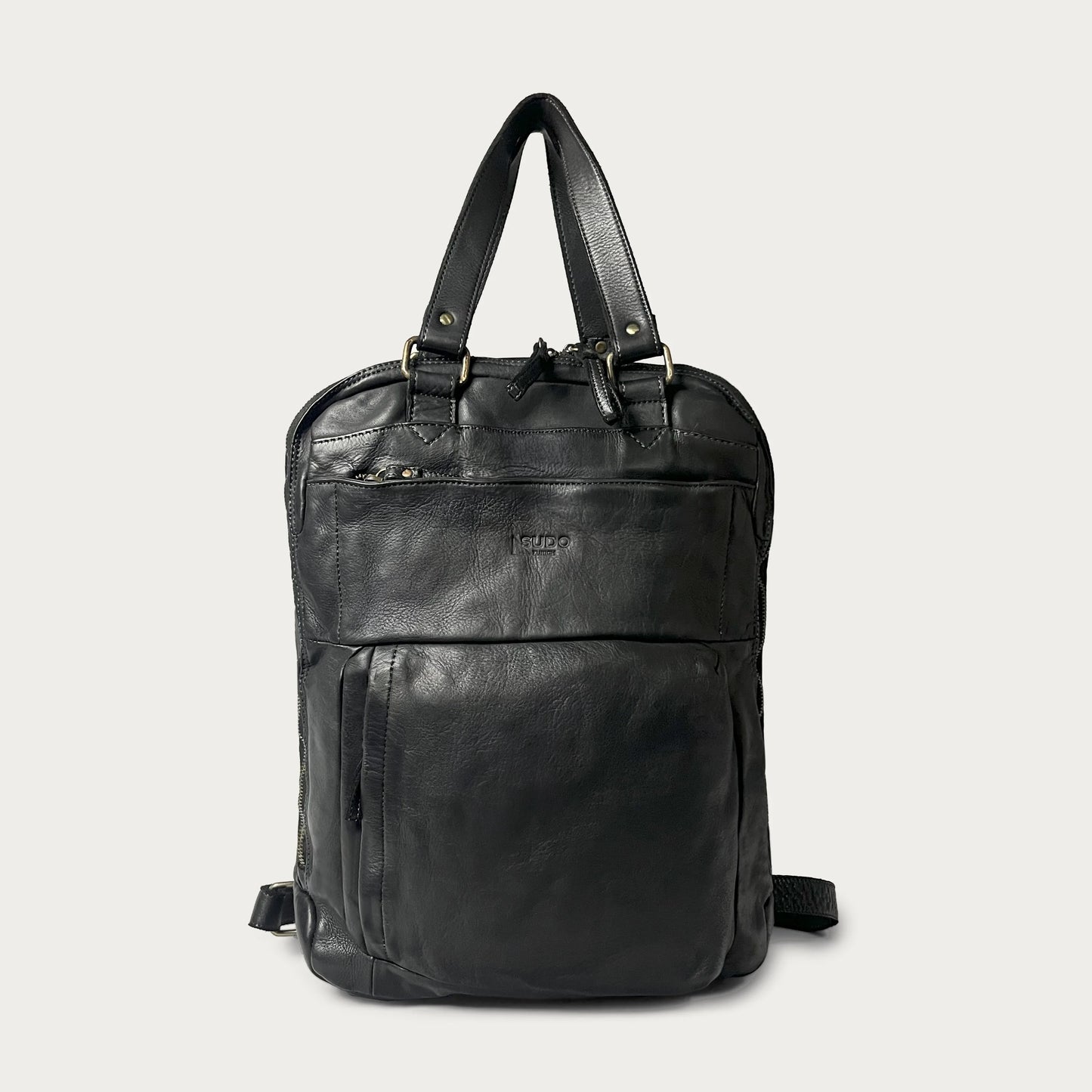 Black Italian leather backpack — Voyage style — front view — Made in Tuscany