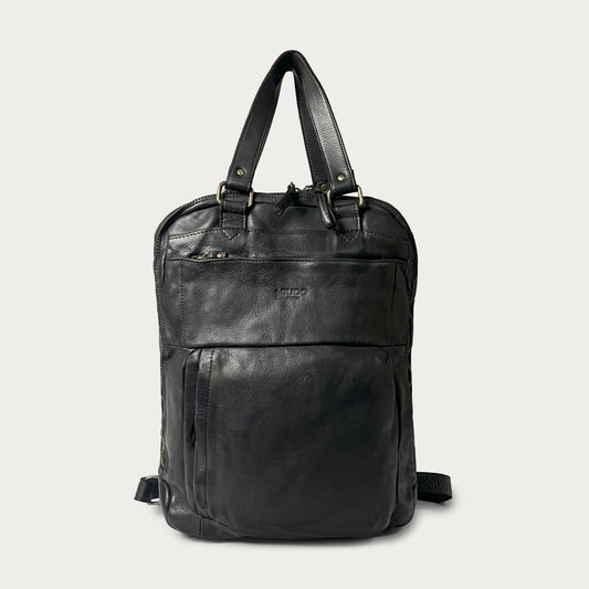 Black Italian leather backpack — Voyage style — front view — Made in Tuscany