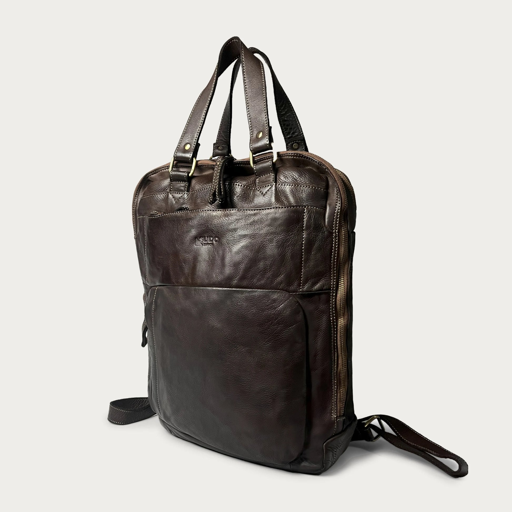 Brown Italian leather backpack — Voyage style — angled view — Made in Tuscany