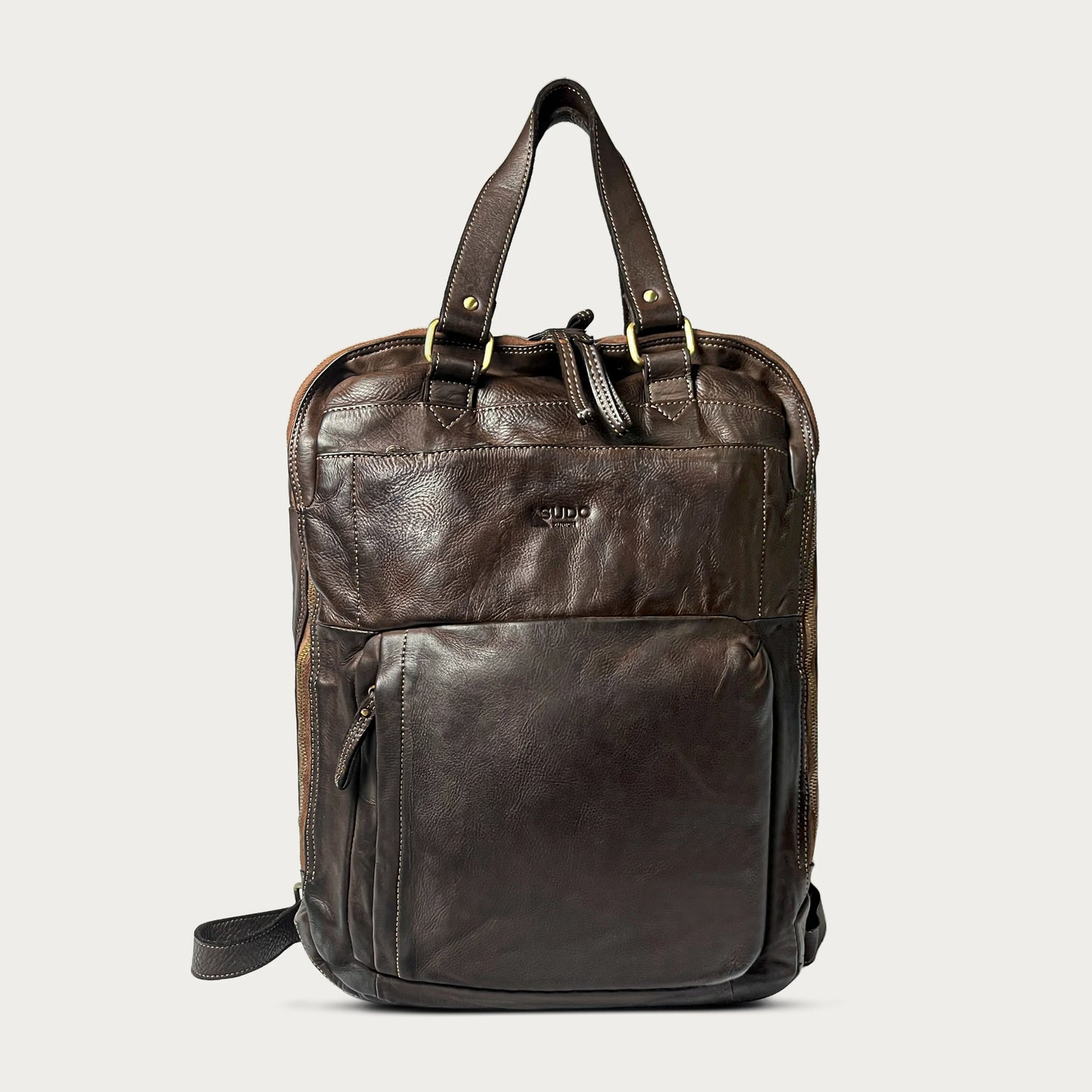 Brown Italian leather backpack — Voyage style — front view — Made in Tuscany