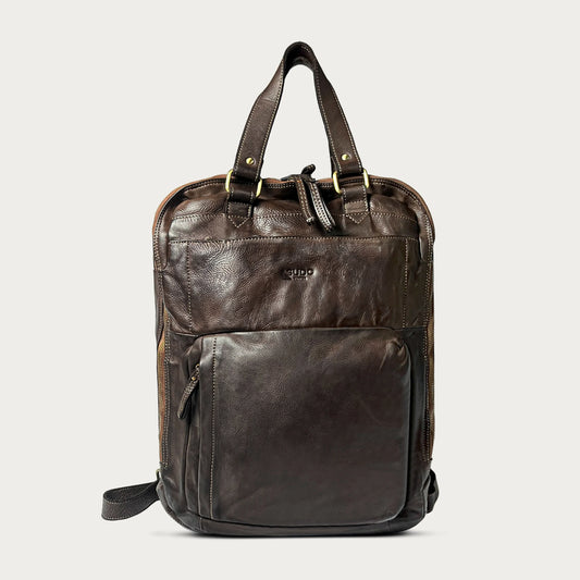Brown Italian leather backpack — Voyage style — front view — Made in Tuscany