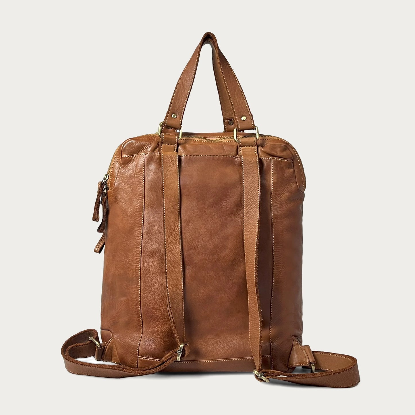 Cognac Italian leather backpack — Voyage style — back view — Made in Tuscany